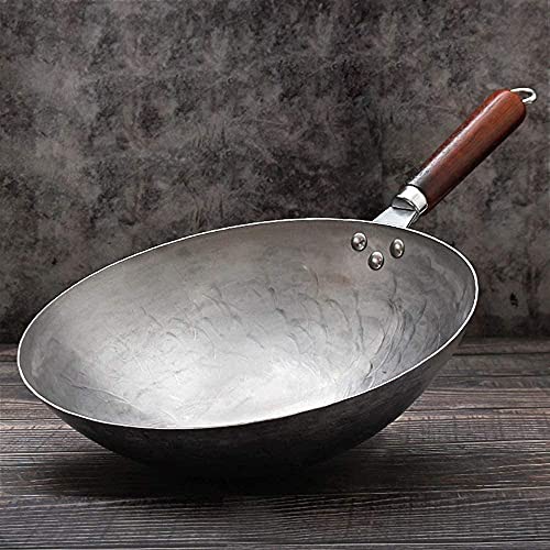 CTCOIJRN Traditionelle handgehämmerte Wokpfanne aus Kohlenstoffstahl mit Hilfsholzgriff, runder Boden, 14 Zoll, for Woks mit köstlichen Gerichten