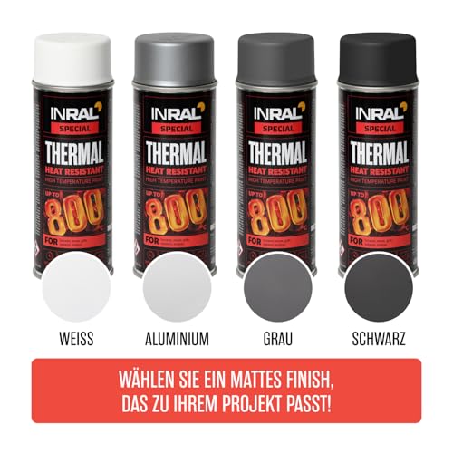 INRAL Hitzebeständiger Lack Schwarz –Auspufflack Schwarz Matt für Metalloberflächen - Langlebige, Hitzebeständige Farbe – 400 ml Schnell Trocknender Ofenlack Schwarz Matt für Heimwerker