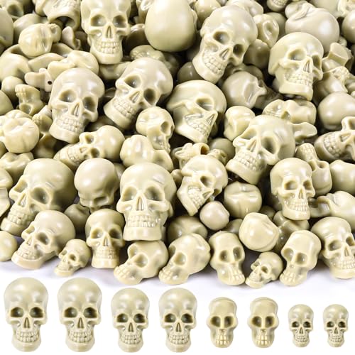 Vellibring 150 PCS Halloween Mini Skull Heads Decoration Plastic Miniature Decorative Skulls Halloween DIY Resin Skeleton Head Figurines for Halloween Vase Filler Trick Party Table Decor