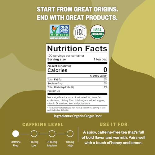Image of FGO Organic Ginger Tea, 100 Count, Eco-Conscious Tea Bags, Resealable Bag, Packaging May Vary (Pack of 1)
