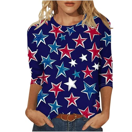 Image of Fourth of July Shirts for Women 3 /4 Sleeve Summer Tops American Flag Print T Shirt Patriotic 4th of July Shirts 2025