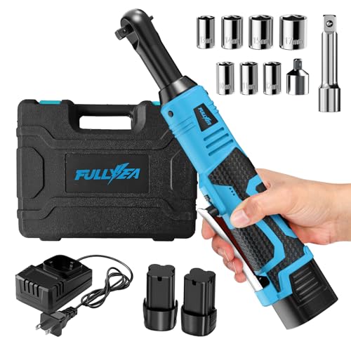 FULLYEA 3/8' Cordless Ratchet Wrench Set, 40 Ft-lbs, 550 RPM, 16.8V Electric Ratchet, Extended Power Ratchet Tool Kit with Variable Speed, 2 * 2.0Ah Battery, 1/4' Adapter & 3' Extension Bar(Blue)