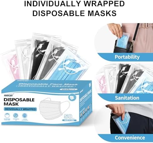 NNPCBT 5 Color Disposable Face Masks 50pcs,Individually Wrapped Masks 3-Ply