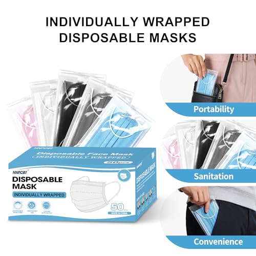 NNPCBT 5 Color Disposable Face Masks 50pcs,Individually Wrapped Masks 3-Ply