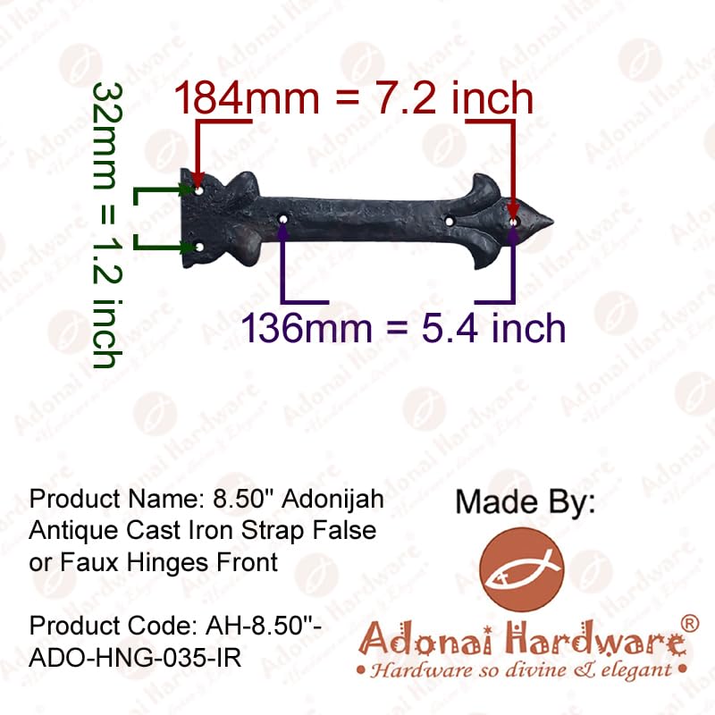 Image of Adonai Hardware Adonijah Antique Cast Iron Strap False or Faux or Dummy Hinges Front (8.50 inch X 12 Pack, Matte Black) for Barn Doors, Gates, Cabinets, Wooden Box, Furniture, Chest, Trunks and Sheds