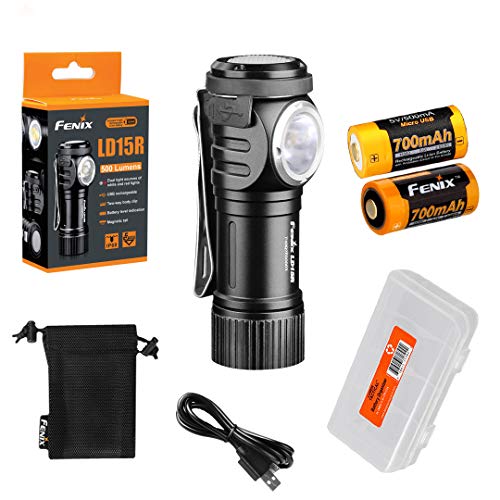 Fenix LD15R 500 Lumen Right-Angle White & Red LED Rechargeable Mini Flashlight with 2X Rechargeable Batteries & LumenTac Battery Organizer