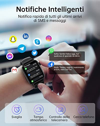 Smartwatch-Uomo-Donna - 1,85'' Schermo Orologio Smart Watch, Effettua/Risposta Chiamate, 7/24h Cardiofrequenzimetro/Ossigeno Nel Sangue/Contapassi/Monitoraggio del Sonno, per Android iOS