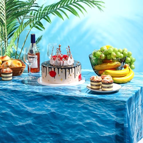 Image of Irenare 16 Pieces Ocean Plastic Tablecloth 54 x 108 Inch Blue | Water Waves Print, Disposable Table Cover for Under the Sea Theme Decoration Beach Pool Party, Birthday Baby Shower Supplies