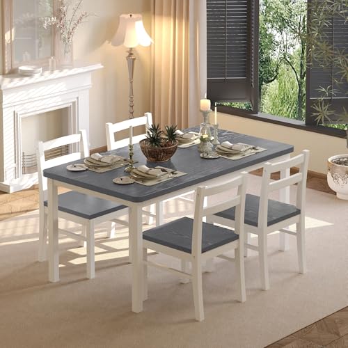 Orweiin Solid Wood Dining Table Set for 4, Farmhouse Rectangular Table and 4 Chairs Set for Kitchen, Living Room, Breakfast Nook,Grey+White