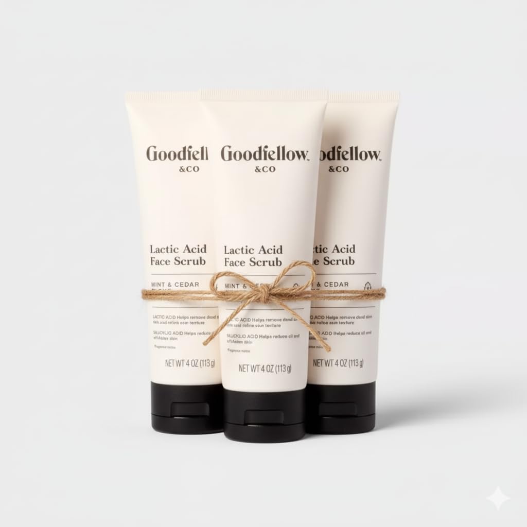 Goodfellow & Co Face Scrub with Lactic Acid & Apricot Oil 4 fl oz – Gentle Daily Face Exfoliator for Smooth Skin, Mint & Cedar Scent (Bundle of 3)