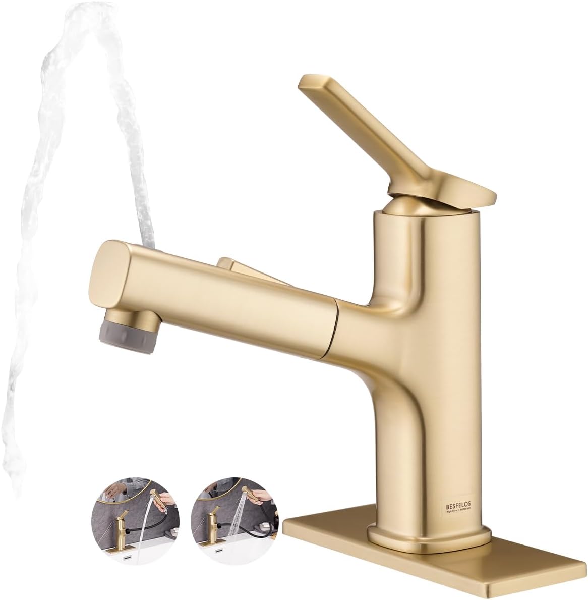 Pull Out Bathroom Faucet, Single Handle Bathroom Sink Faucet with Pull Out Sprayer, Bathroom Faucet for Sink, with Pop-up Drain & Deck Plate 1 or 4-inch Centerset 3 Hole, Gold