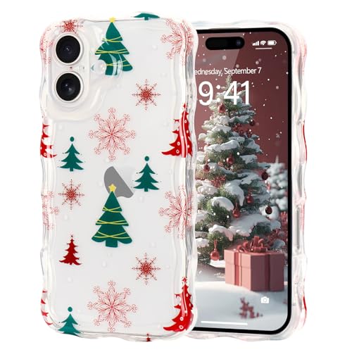 L-FADNUT Phone Case for iPhone 16 Wavy Clear Xmas,Christmas Star Tree