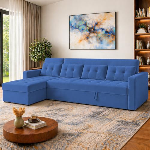 Image of Emilio 6 Seater LHS L - Shape Pull-Out Sofa Cum Bed Sofa for Living Room (Blue Fabric Color) Premium Fabric Sofa Set for Living Room Sofa Cum Bed