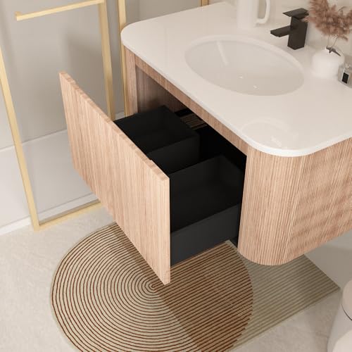 Rueekfil 36\" Wall Mounted Bathroom Vanity with Integrated Sink - Curved Wave Texture Wood Finish, Cultured Marble Basin, Pre-Assembled Floating Cabinet & Soft-Close Drawer, Natural