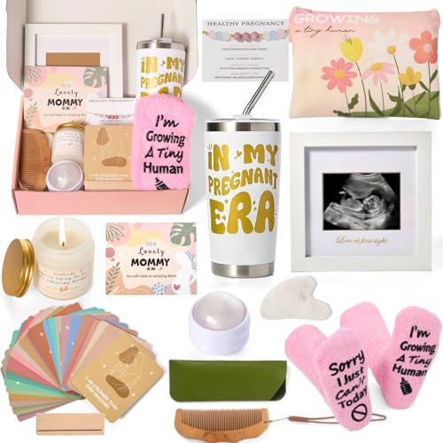 12X Pregnancy Gift Basket for Women New Mom Care Package with Insulated Tumbler Sonogram Picture Frame Affirmation Cards Massage Tools and Scented Candle for First Time Mom Present for Moms To Be