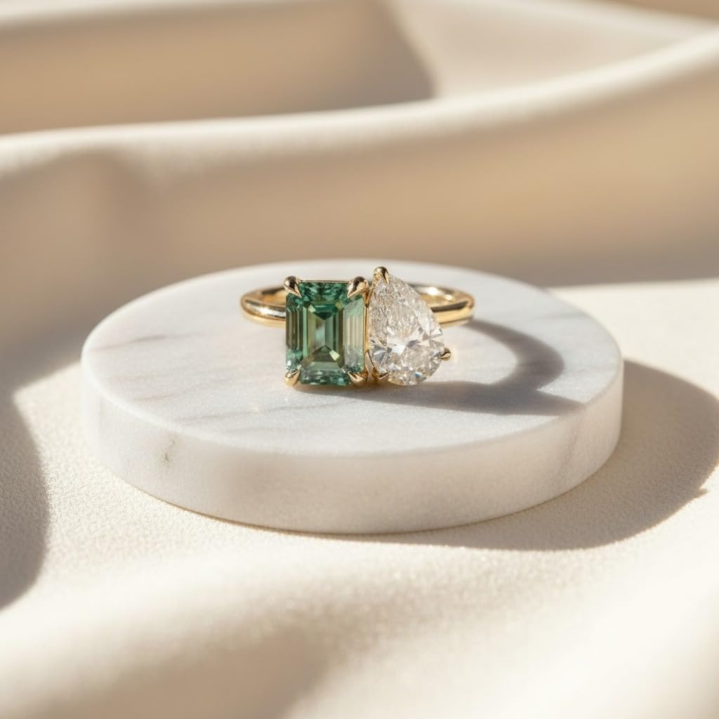 Emerald Cut Green Moissanite Pear Cut Moissanite 18K Gold Plated Engagement Ring 925 Silver Two Stone Ring, Christmas Gift for Woman, Wife By REDWINE JEWELLS