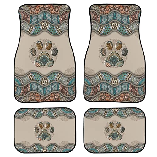 Suobstales Boho Paw Print Car Floor Mats Full Set of 4, Include 2 Pcs Auto Front Floor Mats, 2 Pcs Rear Vehicle Carpet, Non-Slip Auto Foot Mat Universal Fits Sedan SUV Trucks Vans -  SBT-GP-23510
