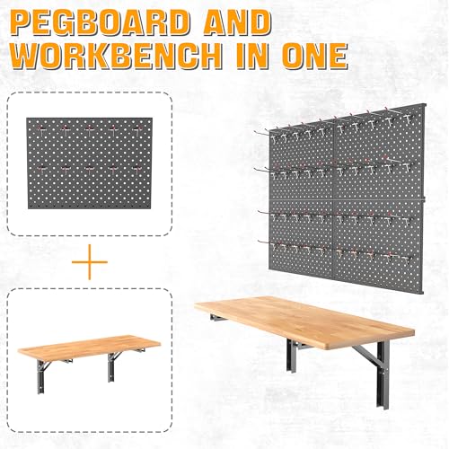 Image of Ultrawall Folding Workbench with Pegboard, Heavy Duty Wall-Mounted Work Table for Garage & Workshop with Pegboard Accessories