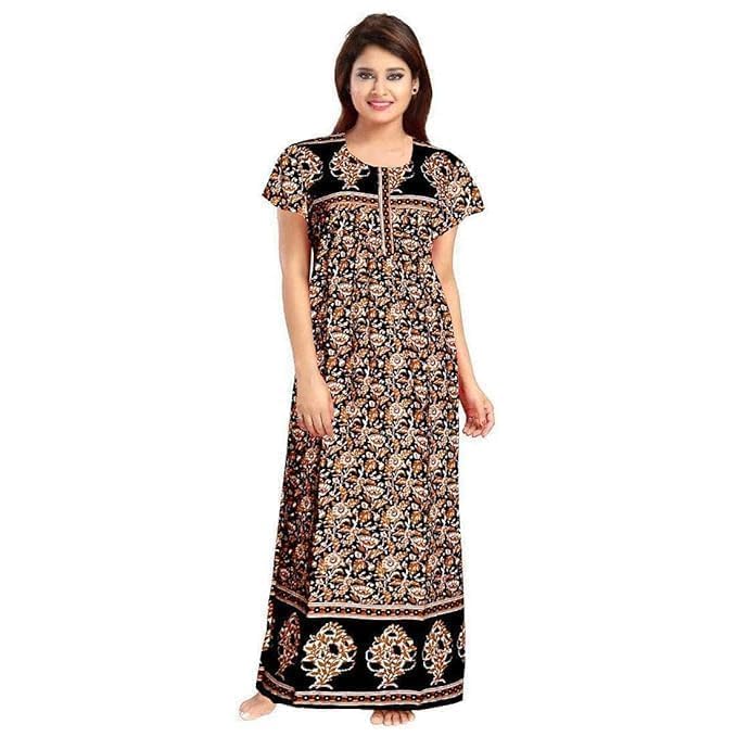 Image of CHICME Women's Cotton Printed Maxi Nighty - Pack of 2 Soft Breathable Ankle-Length Night Dresses for Women | Free Size Sleepwear Gowns | Comfort Loungewear Sleepwear