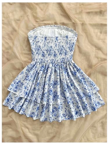 MakeMeChic Women's Ditsy Floral Bandeau Ruffle Tiered Shirred Bow Knot A Line Mini Dress2