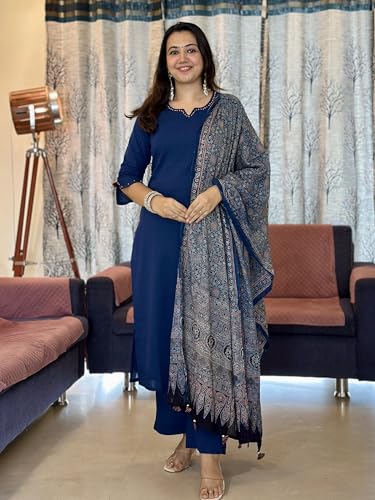 Image of GoSriKi Kurta Set for Women Viscose Solid | Kurti Set for Woman | Kurta Pant Dupatta 3 Piece Outfit | Round Neck V Slit 3 /4 Sleeve Regular Fit Ethnic Dress Stylish Womens Clothing