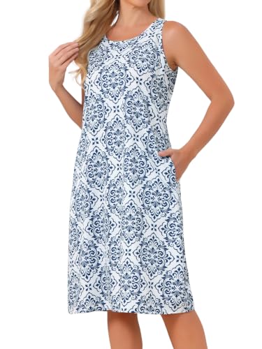 Image of Seta T Women's Summer Dresses Beach Casual Sleeveless Sundress Crewneck Print Loose Midi Tank Dress with Pockets