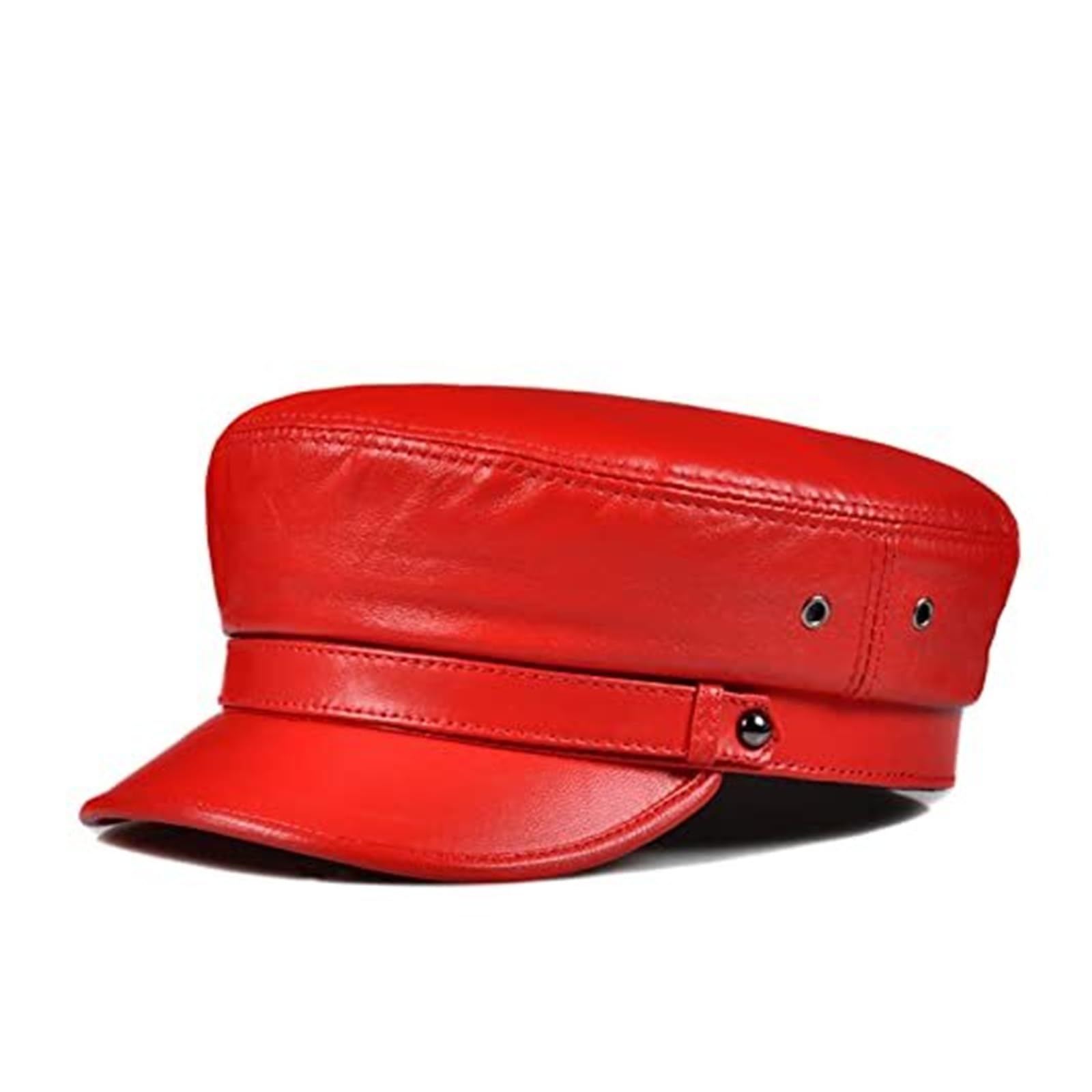 Women’s Real Leather Cap - Fashionable Flat Baseball Hat in Red and White, XXL Size(Large; Red)