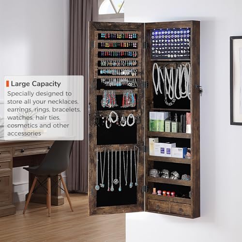 GISSAR Full Length Mirror Jewelry Cabinet, 6 LEDs Jewelry Armoire Wall Mounted Over The Door Hanging, Jewelry Organizer Storage with Lights Lockable, Vintage Brown, 14.6\" x 47.2\"