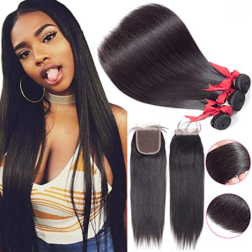 Straight Hair Bundles with Closure (12 14 16+12 Closure) 100% Brazilian Straight Virgin Hair 3 Bundles with Lace Closure Free Part Human Hair Extensions Natural Black Color