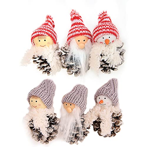 MOJINL 6 Stück Weihnachtsanhänger aus Holz Klein Weihnachtswichtel Set Pinienzapfen Weihnachtsmann Figur Deko Set Baumbehang für Weihnachtsbaumschmuck Cover