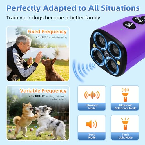 4X Ultrasonic Dog Bark Deterrent Device, 2026 Newest Stop Neighbors Dog Barking, 4 Nozzles Up 100% Efficiency, 3 Modes Humane Training Tool with Flashlight , Safe for Pet Indoor Outdoor(Purple) — view 5