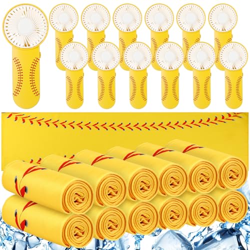 Tujoe 24 Pcs Sport Gifts, Includes 12 Pcs Cooling Towels 40\"x12\" Workout Towels, 12 Portable Fan Mini Handheld Fan for Team Gift Sport Party Favors, Battery Not Include(Yellow,Softball)