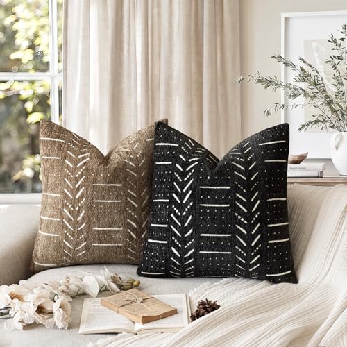 Image of Foindtower Set of 2 Decorative Chenille Jacquard Throw Pillow Covers Textured Farmhouse Vintage Cushion Covers Modern Boho Accent Home Decor for Sofa Chair Couch Bedroom Living Room,18x18 Inch,Black