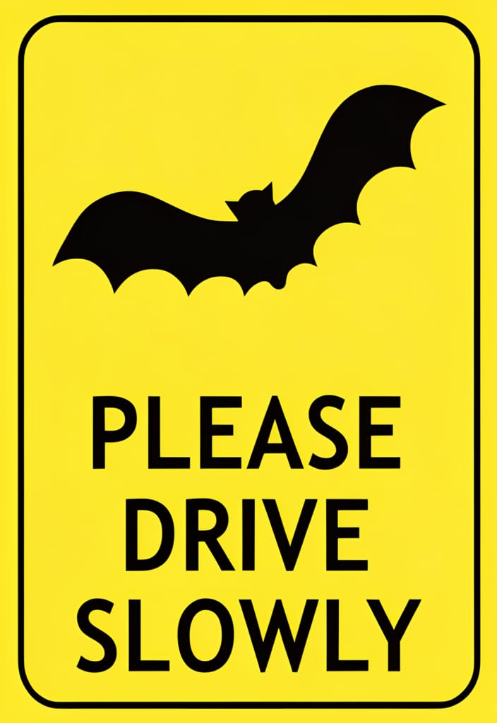 peiyeety Funny Bat Please Drive Slowly Tin Sign 12x8 Inch, Yellow & Black Metal Wall Decor, Vintage-Style Road Sign for Garage, Driveway, Porch, Man Cave