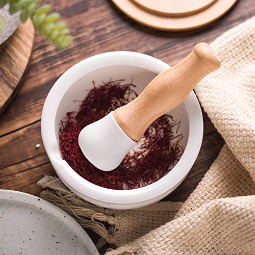 Porcelain Mortar And Pestle Set – Pill Crusher, Spice Grinder, Herb Bowl, Pesto Powder – Molcajete For Salt - Plus Lid/Non-Slip Base #TOP3