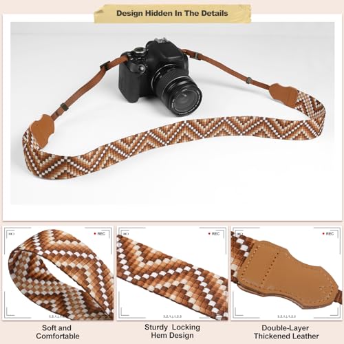 Image of Universal Camera Strap - Camera Neck Strap, Adjustable Shoulder Straps Compatible with Canon, Fujifilm, Nikon, Olympus, Panasonic and other SLR and mirrorless cameras - Brown White Gquares
