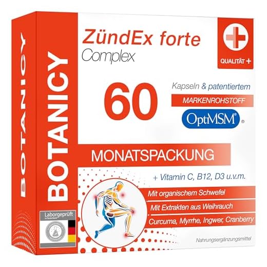 BOTANICY Zündex Forte Complex - OptiMSM Hochdosiert, Extrakt aus Boswellia Serrata Weihrauch, Curcuma, Myrrhe, Ingwer, Cranberry - Plus Vitamine & Spurenelemente - 60 MSM Kapseln