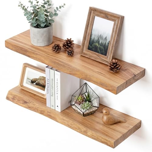 Reclaimed Elm Wood Floating Shelves for Wall, Live Edge 24"W x 9.2"D x 1.4"H, Set of 2 with Invisible Bracket, Wall Mounted Shelves for Living Room Bedroom Kitchen Bathroom Decor, Natural Finish