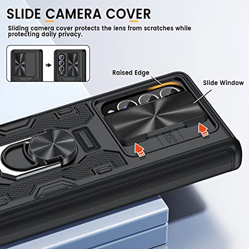 Caka Z Fold 3 Case With Slide Camera Cover, Kickstand, Ring Holder, Tempered Glass Screen Protector - 5G (Black) #TOP2