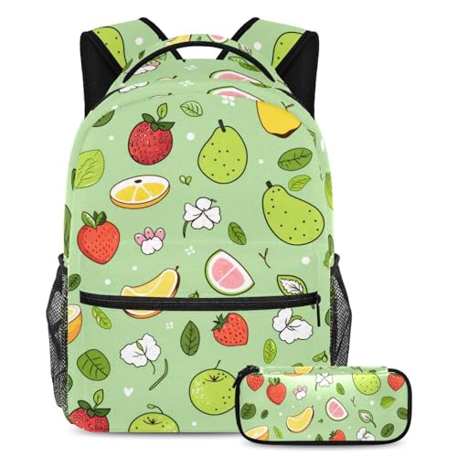 Sac à dos vert au motif de fruits avec sa trousse assortie pour le quotidien