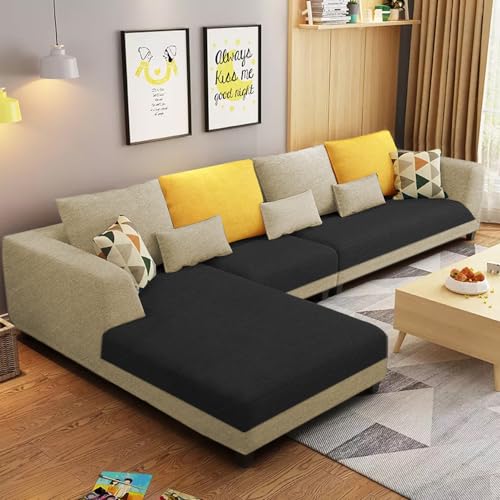 Image of Galib LHS 6 Seater L Shape Sofa Set for Living Room (Cream Black Fabric) Premium Fabric Sofa