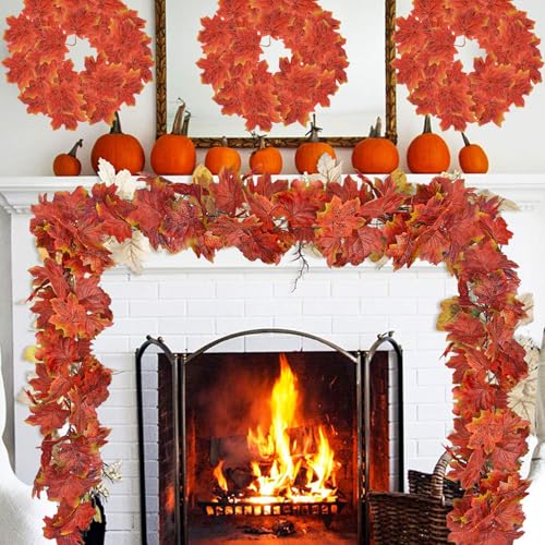 Künstliche Herbstgirlande, 2 Stück Herbst Girlande Ahornblätter, Ahornblatt Girlande Hängepflanze, Ahorn Blättergirlande Decor, Künstliche Herbst Ahorn Blätter Girlanden, für Tür, Garten, Kamin