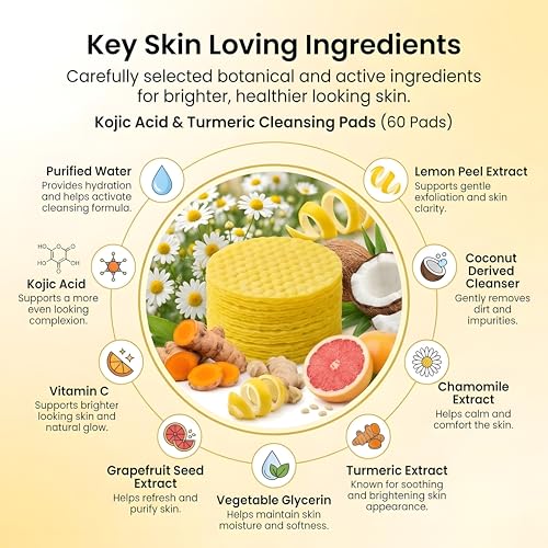 Image of Kojic Acid and Turmeric Cleansing Pads for Face - Foaming Exfoliating Pads with Vitamin C, Vitamin B5 & Chamomile - 60 pc Dark Spot Removal, Skin Brightening & Deep Pore Cleansing Pad (Pack of 1)