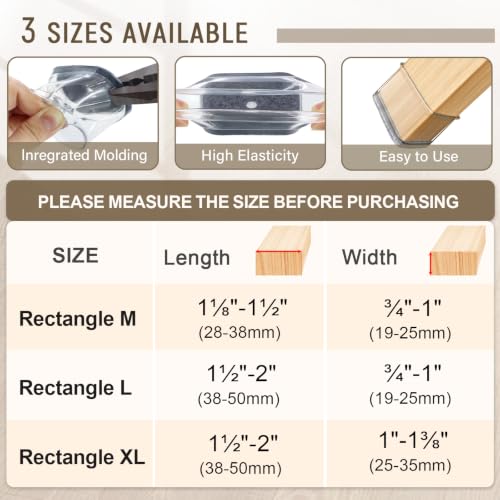 Image of BUMACO Chair Leg Floor Protectors Rectangle Chair Leg Protectors for Hardwood Floors Silicone Pads Covers to Protect Floors(Clear-40 Pcs, Rectangle M Fit (L:1-1 /8 inch ~ 1-1 /2 inch, W:3 /4 inch ~ 1 inch)
