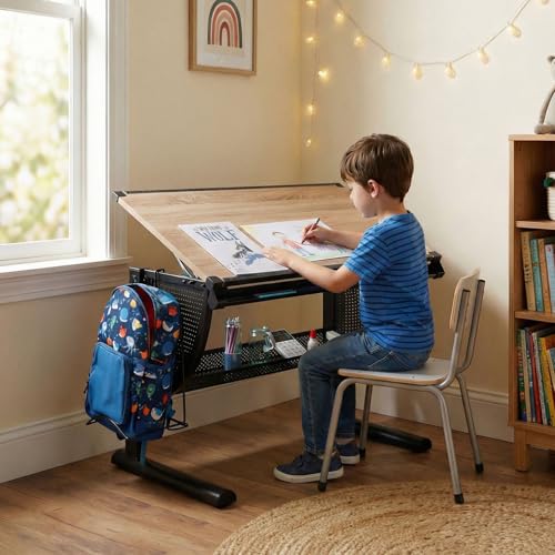 CARO-Möbel Kinderschreibtisch Sari höhenverstellbar in Sonoma Eiche/schwarz, Schreibtisch für Kinder neigbar mit Rille für Stifte, Schülerschreibtisch mit Ablage und Rucksackhalterung