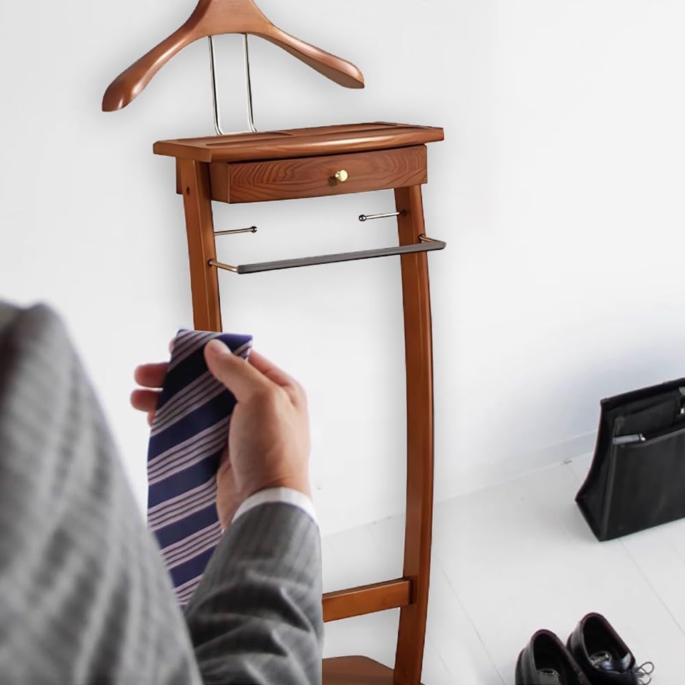 Wooden Clothes Valet Stand with Metal Pants Bracket and Tie Holder - Solid Wood Suit Rack for Bedroom, Office, Living Room