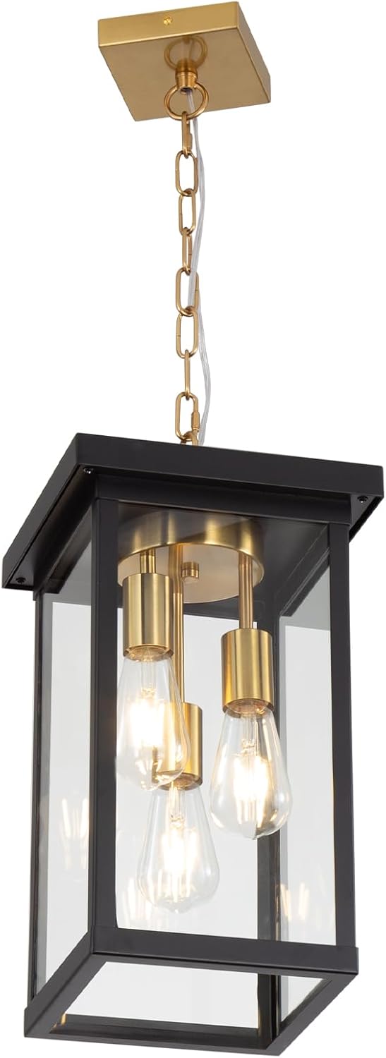 LOUSACE 16'' Large Outdoor Pendant Light Fixtures 3 Lights Brushed Brass & Black Outdoor Chandelier Exterior Hanging Porch Light Fixtures, Adjustable Hanging Lantern Light for Porch Entryway Balcony Black & Brushed Brass
