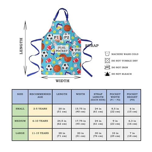 DASHN PRODUCTS Kids Apron - Sports Ball - Dual Pockets - chef kitchen cooking garden artist painting cleaning baking pottery gift boys girls