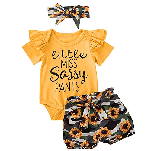 Newborn Baby Girls Cotton Short Sleeve Ruffle Bodysuit and Floral Shorts Headband Outfit Summer Clothes Set (6-12 Months, Yellow Little Miss Sassy Camouflage)