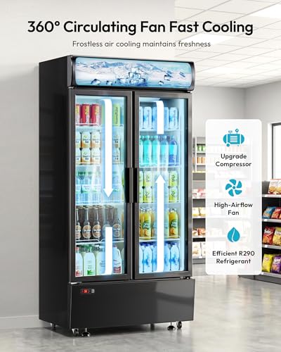 Image of 24 cu.ft Commercial Refrigerators, Beverage Cooler with LED Light, Drink Merchandiser with 8 Adjustable Shelves, 2 Glass Doors, Digital Control, ETL Certified